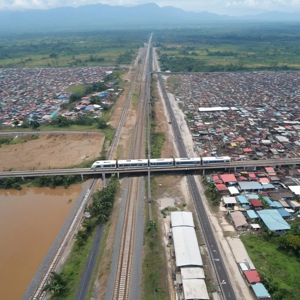 Prompt: Bird’s eye view of Guiguinto Station and McArthur highway at Guiguinto Bulacan along the north western main line circa August 2023