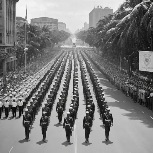 Prompt: Military and civilian Parade in Manila to commemorate the 150th anniversary of Philippine independence circa June 12 2048