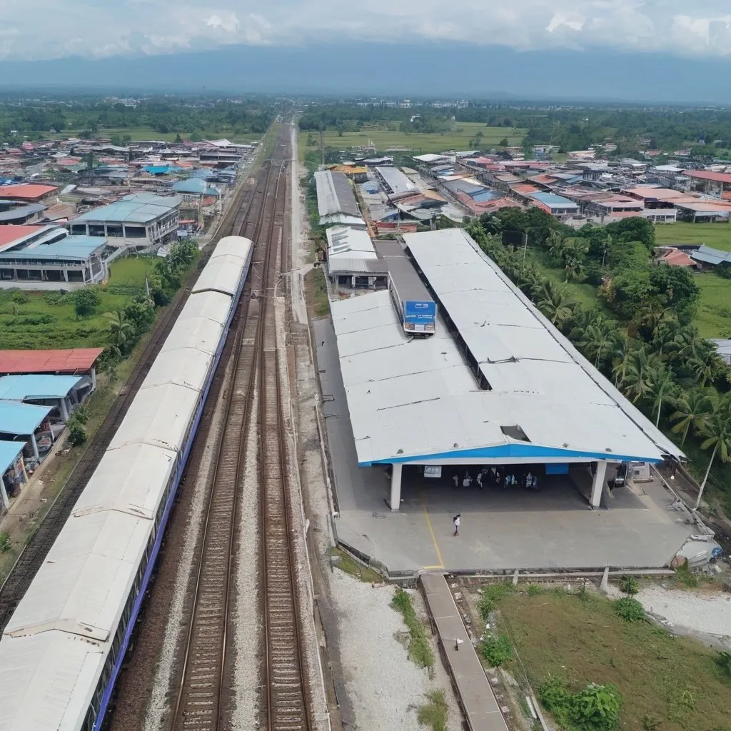 Prompt: Bird’s eye view of Malabacat North Station at Malabacat City Metro Pampanga along the north western main line circa August 2023