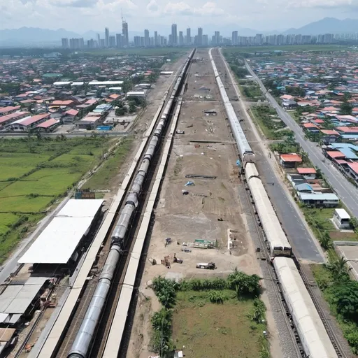 Prompt: Bird’s eye view of Talaga station at Capas City Metro Tarlac with skyscrapers from the nearby Luisita global city seen from the horizon along the north western main line circa August 2023