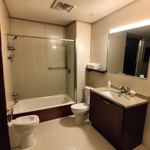 Prompt: Bathroom with toilet, tub and shower at resort in Subic at night circa April 2021