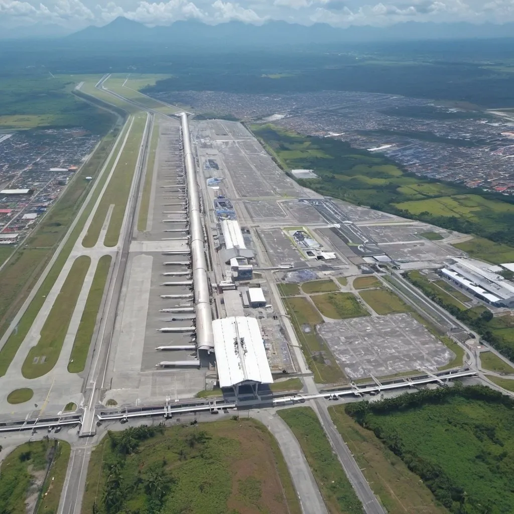 Prompt: Bird’s eye view of Clark air base and international airport Station at Malabacat City Metro Pampanga along the north western main line circa August 2023