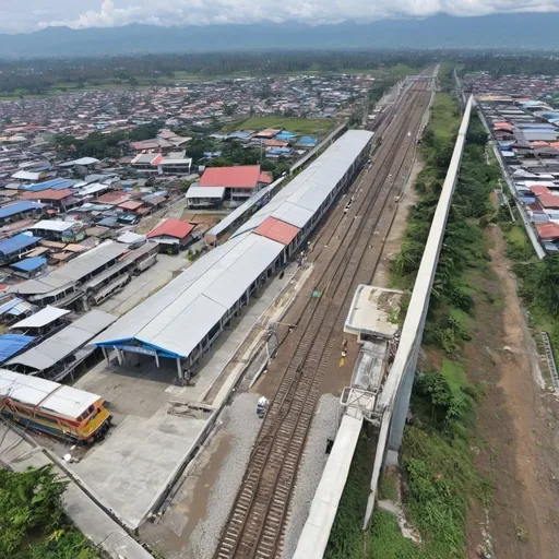 Prompt: Bird’s eye view of Bamban Station at Capas City Metro Tarlac along the north western main line circa August 2023