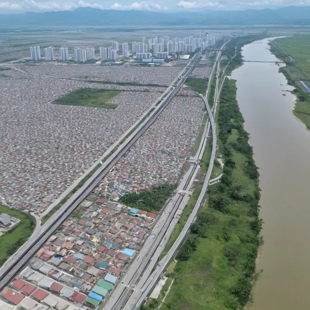 Prompt: Bird’s eye view of Shangri-La city at Capas City Metro Tarlac along the north western main line circa August 2023