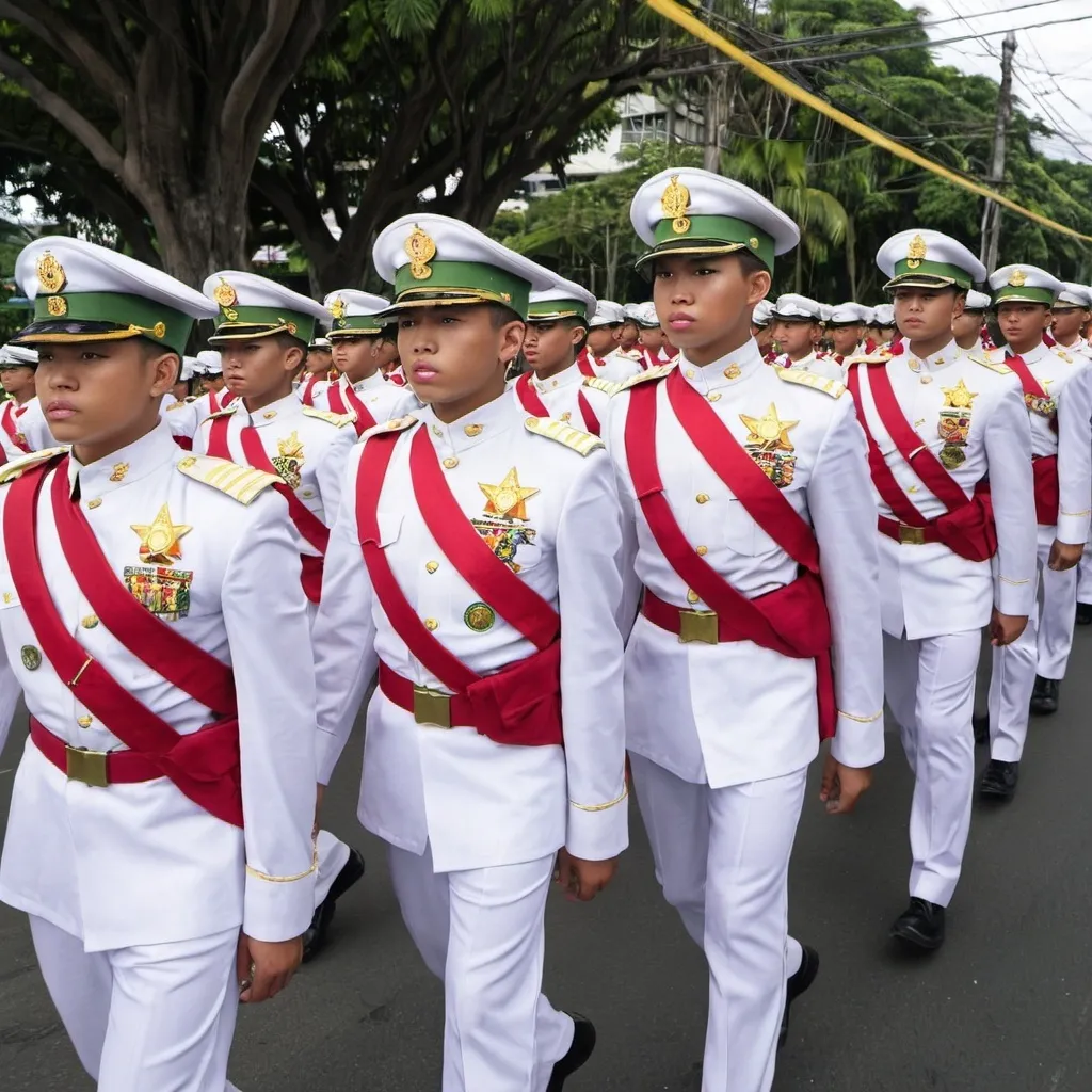 Prompt: Philippine military academy cadets marching in Parade in Manila to commemorate the 150th anniversary of Philippine independence circa June 12 2048