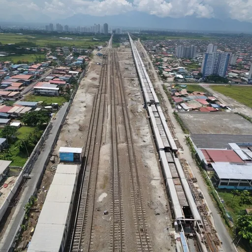 Prompt: Bird’s eye view of San Agustin station at Capas City Metro Tarlac with skyscrapers from the nearby Luisita global city seen from the horizon along the north western main line circa August 2023