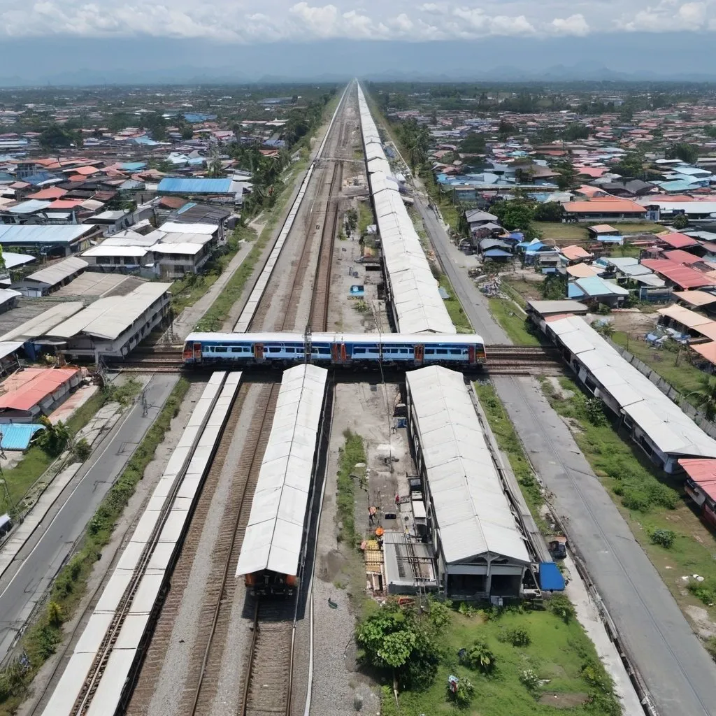 Prompt: Bird’s eye view of Balibago Station at Angeles City Metro Pampanga along the north western main line circa August 2023