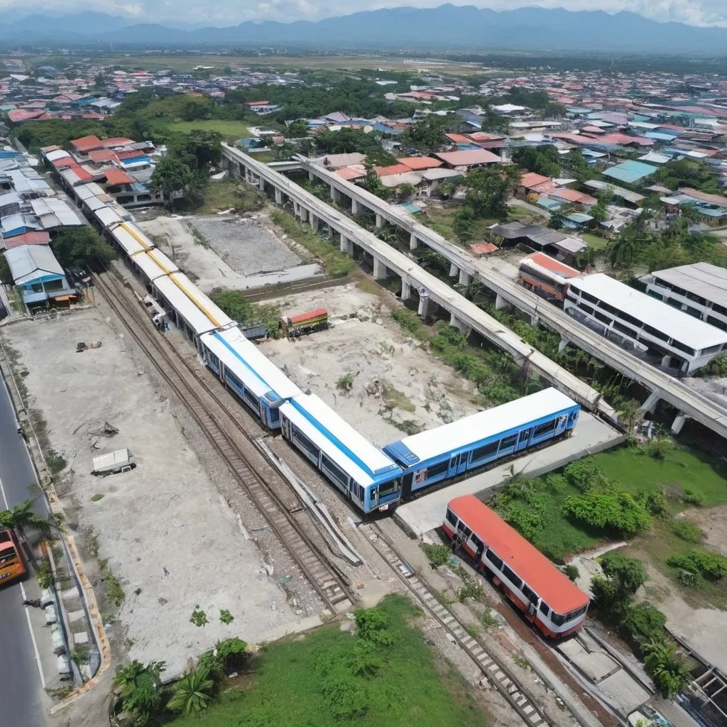 Prompt: Bird’s eye view of Plaza hacienda station at downtown Tarlac City Metro Tarlac along the north western main line circa August 2023
