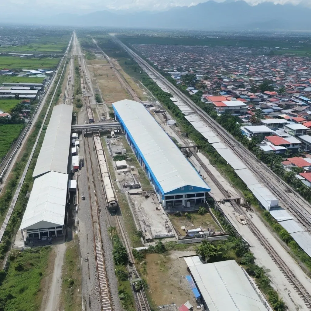 Prompt: Bird’s eye view of Clark special economic zone Station at Angeles City Metro Pampanga along the north western main line circa August 2023