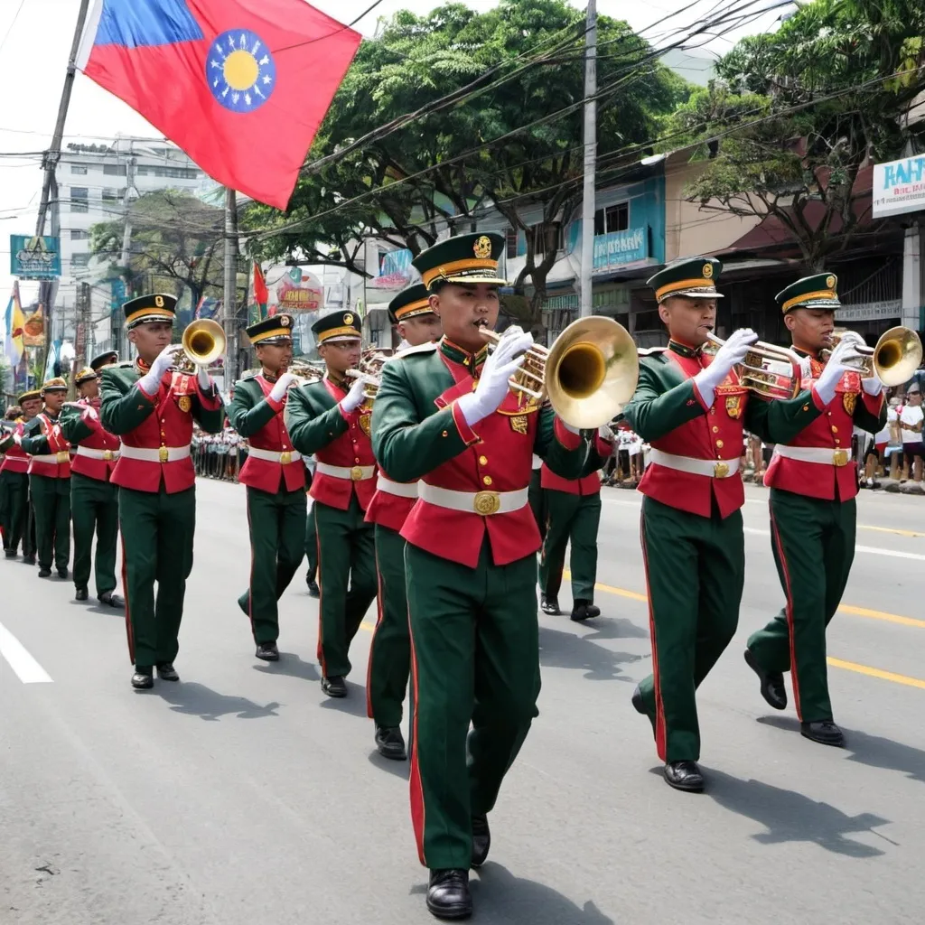 Prompt: Philippine Army band leading Parade in Manila to commemorate the 150th anniversary of Philippine independence circa June 12 2048