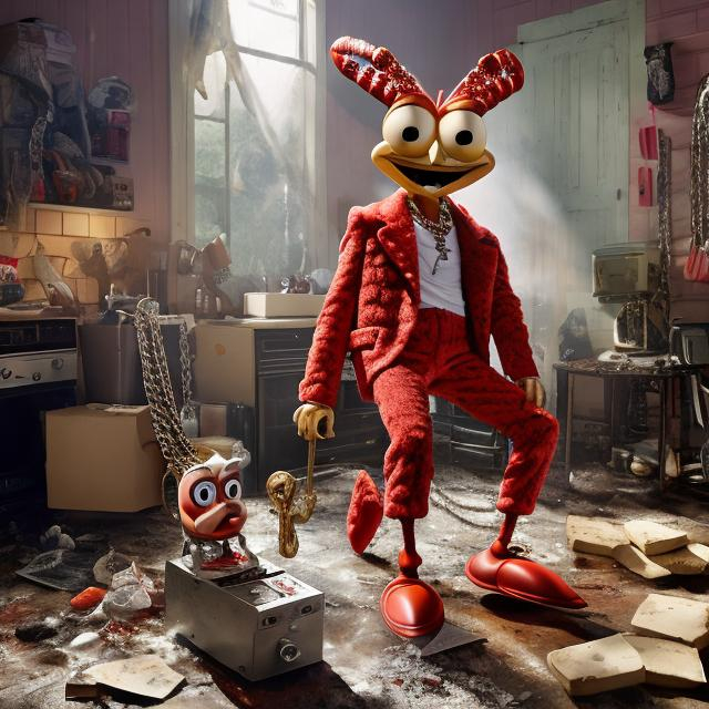 Prompt: Larry the lobster from spongebob holding a scale weighing crack cocaine in a rundown bando trap house. Half used lean and 40 oz modelos are in the background. Larry is wearing a gucci mink fur coat, ripped skinny jeans, some air jordans, three gold cuban link chains, one iced out diamond chain, and a luis viutton belt. 