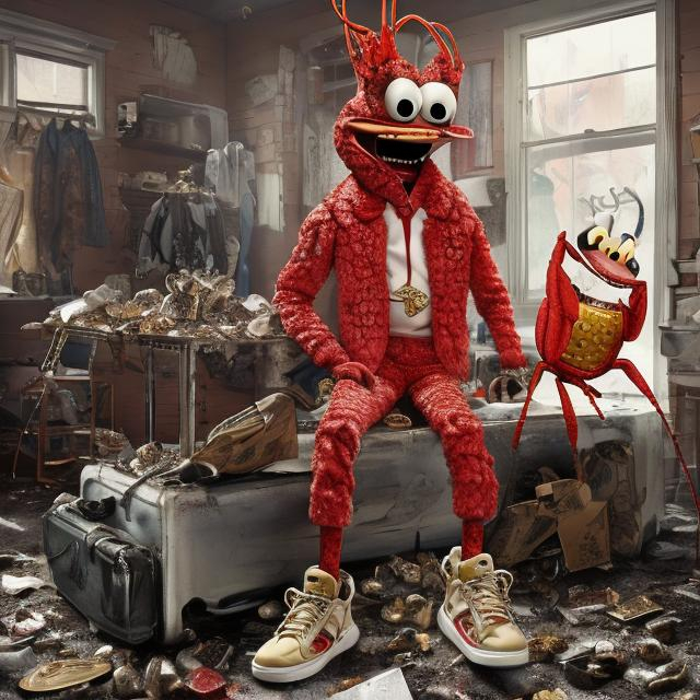 Prompt: Realistic Larry the lobster from spongebob holding a scale weighing crack cocaine in a rundown bando trap house. Half used lean and 40 oz modelos are in the background. Larry is wearing a gucci mink fur coat, ripped skinny jeans, some air jordans, three gold cuban link chains, one iced out diamond chain, and a luis viutton belt. 