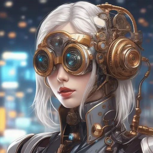 Prompt: Masterpiece, best quality, follows prompt exactly. Anime artstyle. Portrait of a steampunk, vaguely humanoid robot, vaguely femenine, high tech suit, lights and scopes for optics, lips, white wires for hair, metal face, metal head, metal, goggles