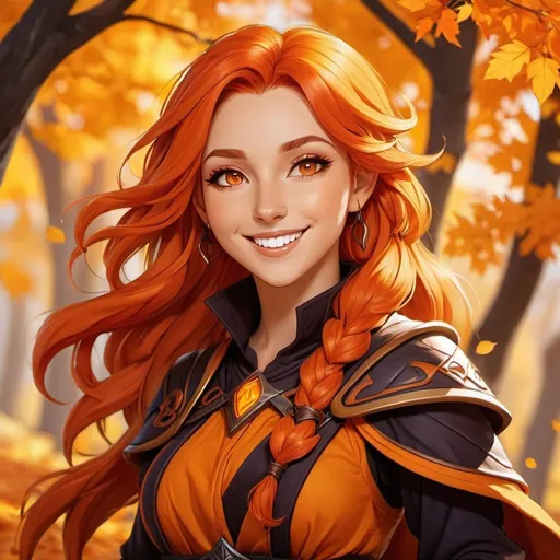 Prompt: An anime style art of orange skin autumn eladrin woman, vibrant orange skin, amber eyes, reddish orange hair, simple warlock outfit, big smile, fantasy style, fantasy artstyle, simple background, inspired by D&D, vibrant colours