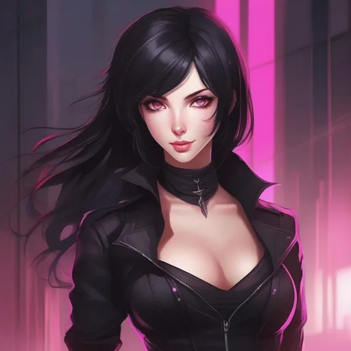 Prompt: Masterpiece, best quality, follows prompt exactly. Anime artstyle. Portrait of a thin young woman with bright pink eyes, very pale skin, jet black hair, black rogue outfit, sultry smile, rogue, thief, assasin
