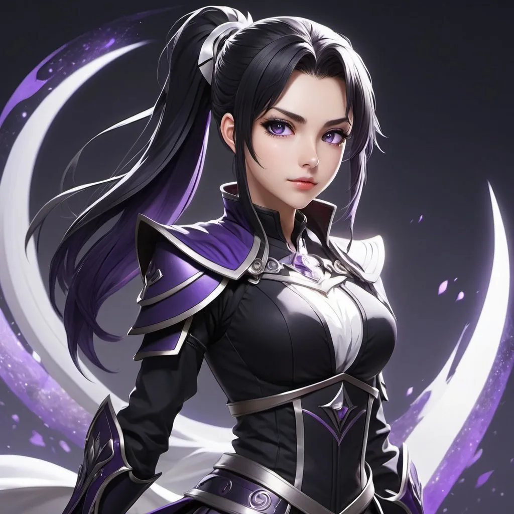 Prompt: Masterpiece, best quality, follows prompt exactly, anime, a young priestess, jet black ponytail, grey eyes, tall and slim figure, black and purple combat mage's outfit, neutral facial expression, white skin, ethereal lighting, fantasy, detailed eyes, simple background