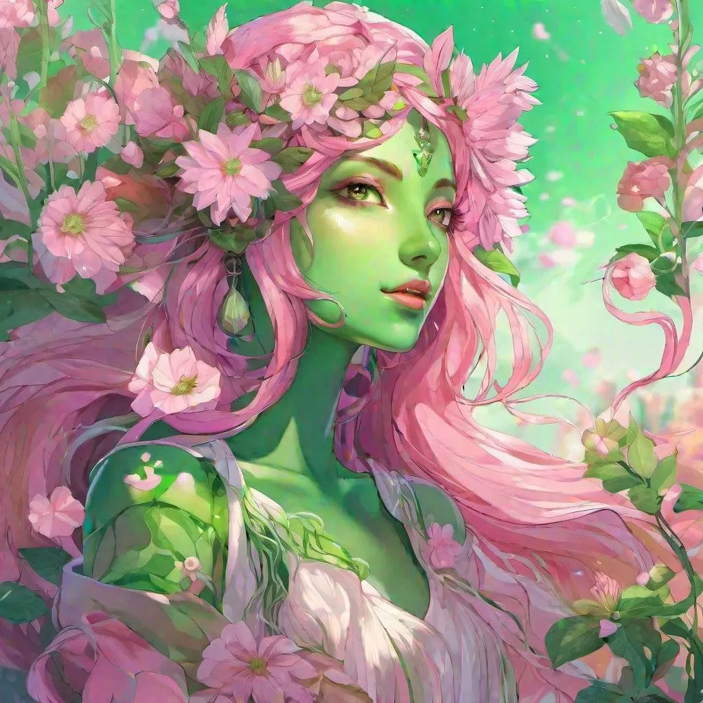 Prompt: Masterpiece, best quality, follows prompt exactly. Anime artstyle. A portrait of a scholars flower as a green humanoid dryad, colourful green skin, long flowing pink hair, unnatural green skin colour
