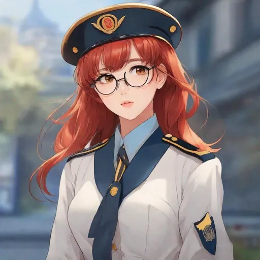 Prompt: Masterpiece, best quality, follows prompt exactly. Anime artstyle. Portrait of a young girl with bright red hair, yellow eyes, brown skin, asian skin, black glasses, frown, light blue and blue formal military uniform, light blue beret, bored expression, blank outfit.