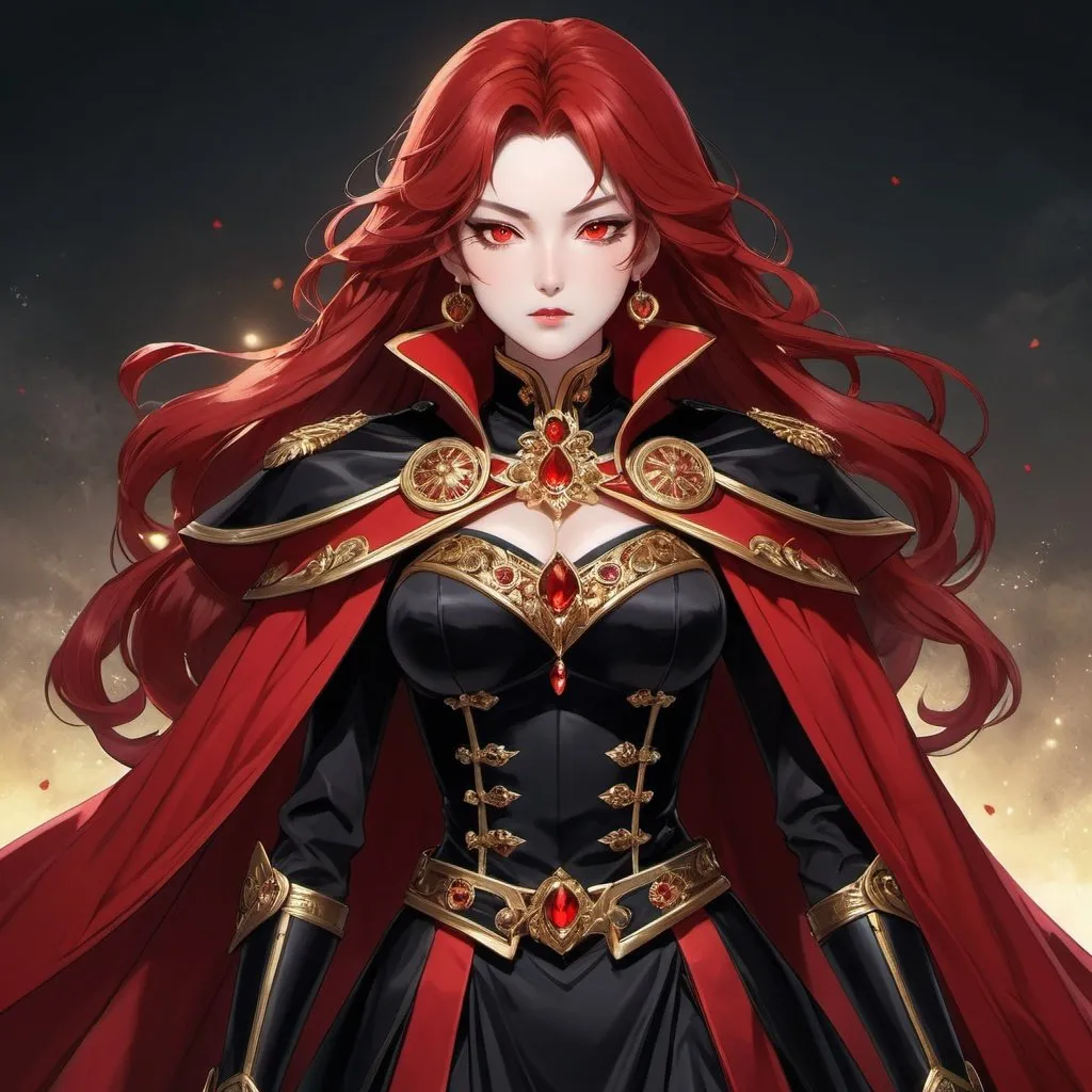 Prompt: Masterpiece, best quality, follows prompt exactly, anime, fantasy, ethereal lighting, portrait, a 60 year old dictator lady, aisan skin, aged face, long crimson red hair, red eyes, red velvety cape, red black and gold battledress, black eppaulettes, slightly generous figure, black boots, haughty frown, simple background, detailed face