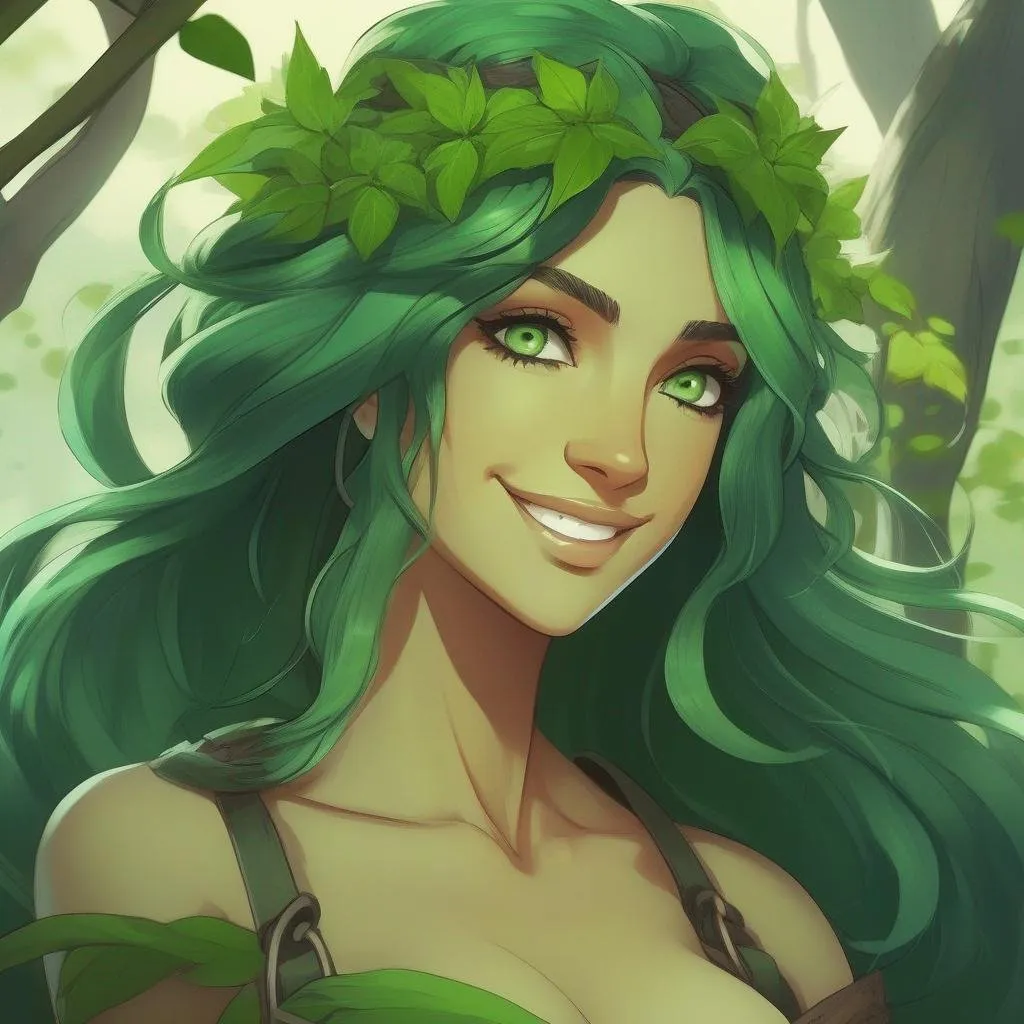 Prompt: Masterpiece, best quality, follows prompt exactly. Anime artstyle. Portrait of a light green female dryad blacksmith, green skin, long dark green hair, beady green eyes, hearty smile, very muscular, green, burly, plant, inhuman