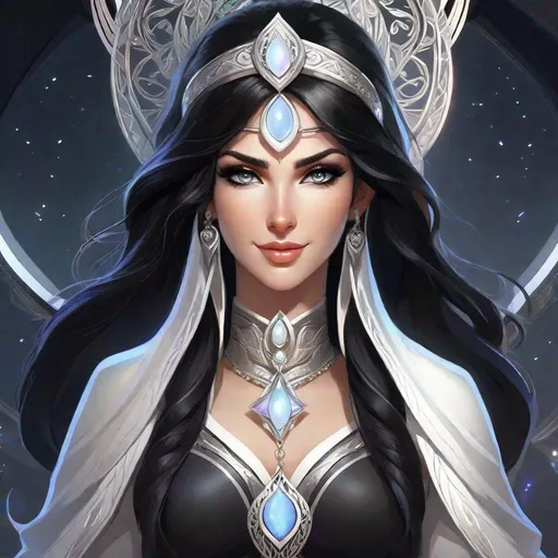 Prompt: An animated portrait of a priestess woman, jet black hair, opal eyes, white combat mage's outfit, silver circlet with white gem, false smile, pale skin, fantasy, detailed eyes, pure void background