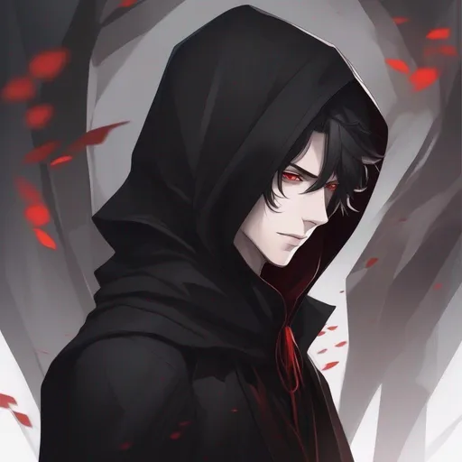 Prompt: Masterpiece, best quality, follows prompt exactly. Anime artstyle. Portrait of a hooded young man, very pale skin, dark cloak, red eyed, jet black hair, tall, skinny, death theming