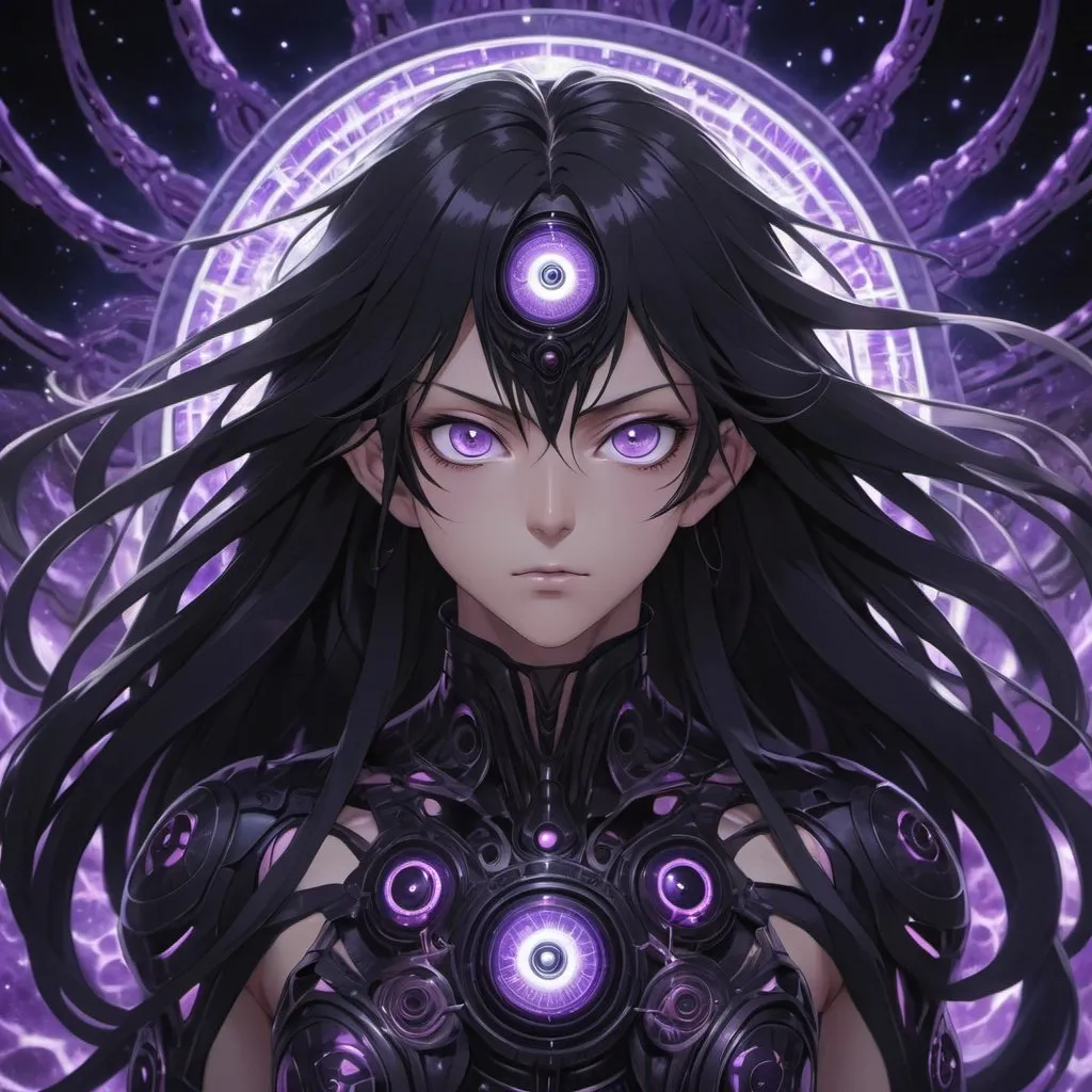 Prompt: Masterpiece, best quality, anime, psychedelic, five-eyed deity, long flowing pitch black hair, lavender eyes, revealing outfit, inhuman, subhuman, five detailed eyes, intricate details, ethereal lighting, eyes on forehead, five eyes, extra eyes on forehead, all-seeing, bare arms