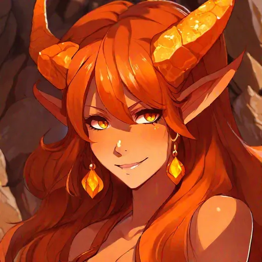 Prompt: Masterpiece, best quality, follows prompt exactly. A portrait of a really tall orange succubus with rock like skin. Long brown hair, yellow eyes, short horns. Dark orange skin, rocks covering skin, rocky, rock, rocks, stones. She has a grin on her face. Anime artstyle.
