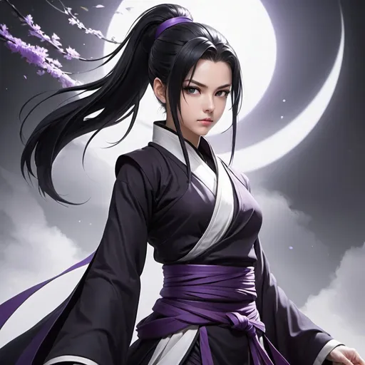 Prompt: Masterpiece, best quality, follows prompt exactly, anime, a young priestess, jet black ponytail, grey eyes, tall and slim figure, black and purple combat monk's outfit, neutral facial expression, white skin, ethereal lighting, fantasy, simple background