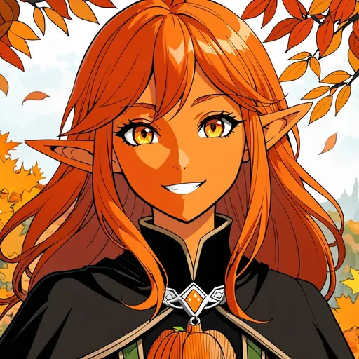 Prompt: A closeup animated portrait of orange skin young autumn eladrin girl face with orange skin, ((orange skin:0.6)), yellow eyes, red hair, elf ears, (Citrus sinensis pericarp), skin color orange, anthropomorphic, fantasy style, simple orange and black warlock robe, big smile, intricate detail, high quality, concept art, autumn background, concept art, fined detail, inspired by D&D, anime, portrait of face