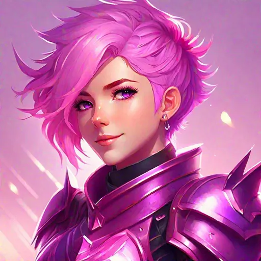 Prompt: Masterpiece, best quality, follows prompt exactly. Anime artstyle. A portrait of a somewhat masculine girl with purple eyes, short and spiky light pink hair, and a cheeky grin on her face. She wears magenta coloured light armour.