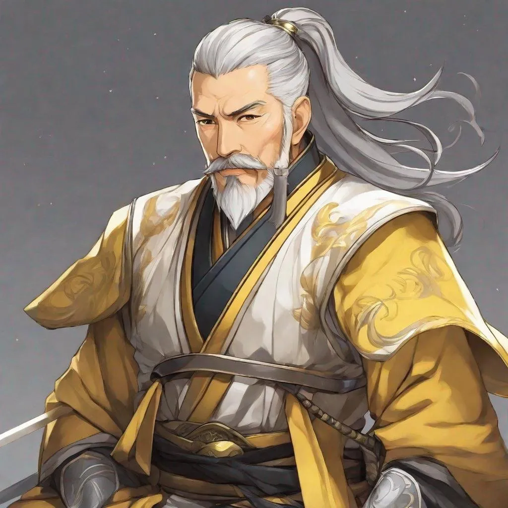 Prompt: Masterpiece, best quality, follows prompt exactly. Anime artstyle. Portrait of an old swordsman, grey hair in a ponytail, light yellow eyes, goatee, moustache, wise, silver and yellow swordsman's outfit, asian skin