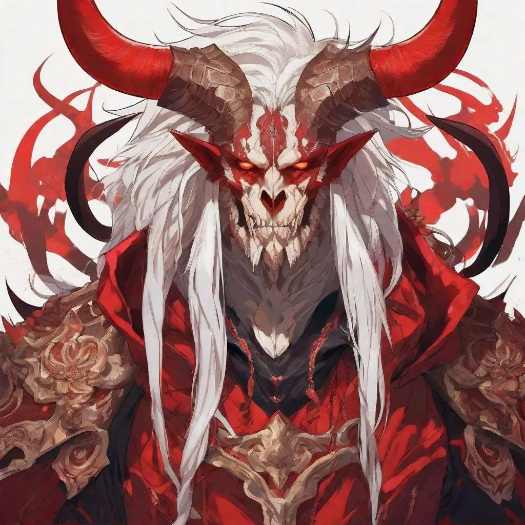 Prompt: Masterpiece, best quality, follows prompt exactly. Anime artstyle. Portrait of a demon warlord, bright red skin, armour made of bone, bones, long horns, white mane of hair, monster, demon, bone face