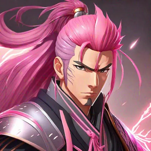 Prompt: Masterpiece, best quality, follows prompt exactly. Anime artstyle. A portrait of a lanky man with pink hair in a samurai-like ponytail, a scowl is on his face. He has gray eyes. He has a flowing pink cape, and pink light armour. Lightning theme.