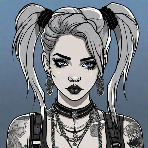 Prompt: Masterpiece, best quality, follows prompt exactly. Line art artstyle. A portrait of a petite 20 year old goth rockstar drummer girl with long light grey twintails, and a blank expression on her lips. She has grey and face paint on, and has lots of tattoos. Grey coloured skin, blue eyes. Jet black chain necklace. Light grey hair. Symmetrical accessories. 