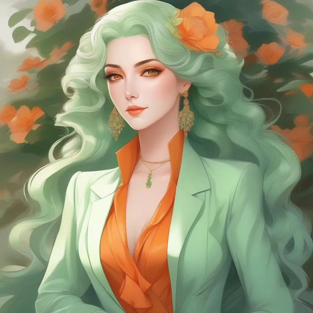 Prompt: Masterpiece, best quality, follows prompt exactly. Anime artstyle. Portrait of a mature, spanish lady with an expensive pale green suit, bright orange serpentine eyes, long flowing pastel green hair, beautiful, elegant, rich, reptile eyes, orange eyes