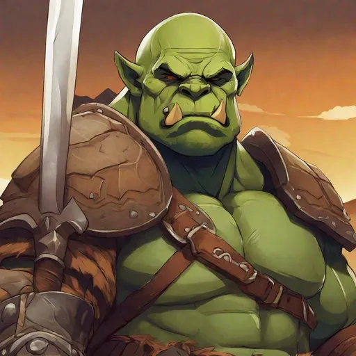 Prompt: Masterpiece, best quality, follows prompt exactly, anime, fantasy, a big and burly green orc, bald, orange eyes, barbarian armour, no shirt, grumpy expression, desert background