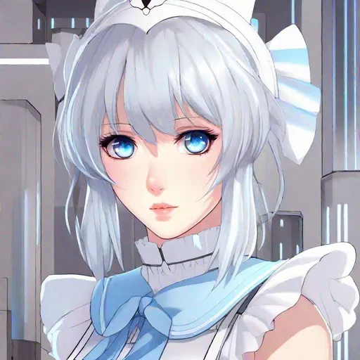 Prompt: Masterpiece, best quality, follows prompt exactly. Anime artstyle. A portrait of a maid robot girl made to look exactly like a human. She has white hair with bangs on either side, and pale blue eyes. She has a blank expression on her lips. She wears a white sleeveless suit dress with blue light strips. She has an uncanny stare.