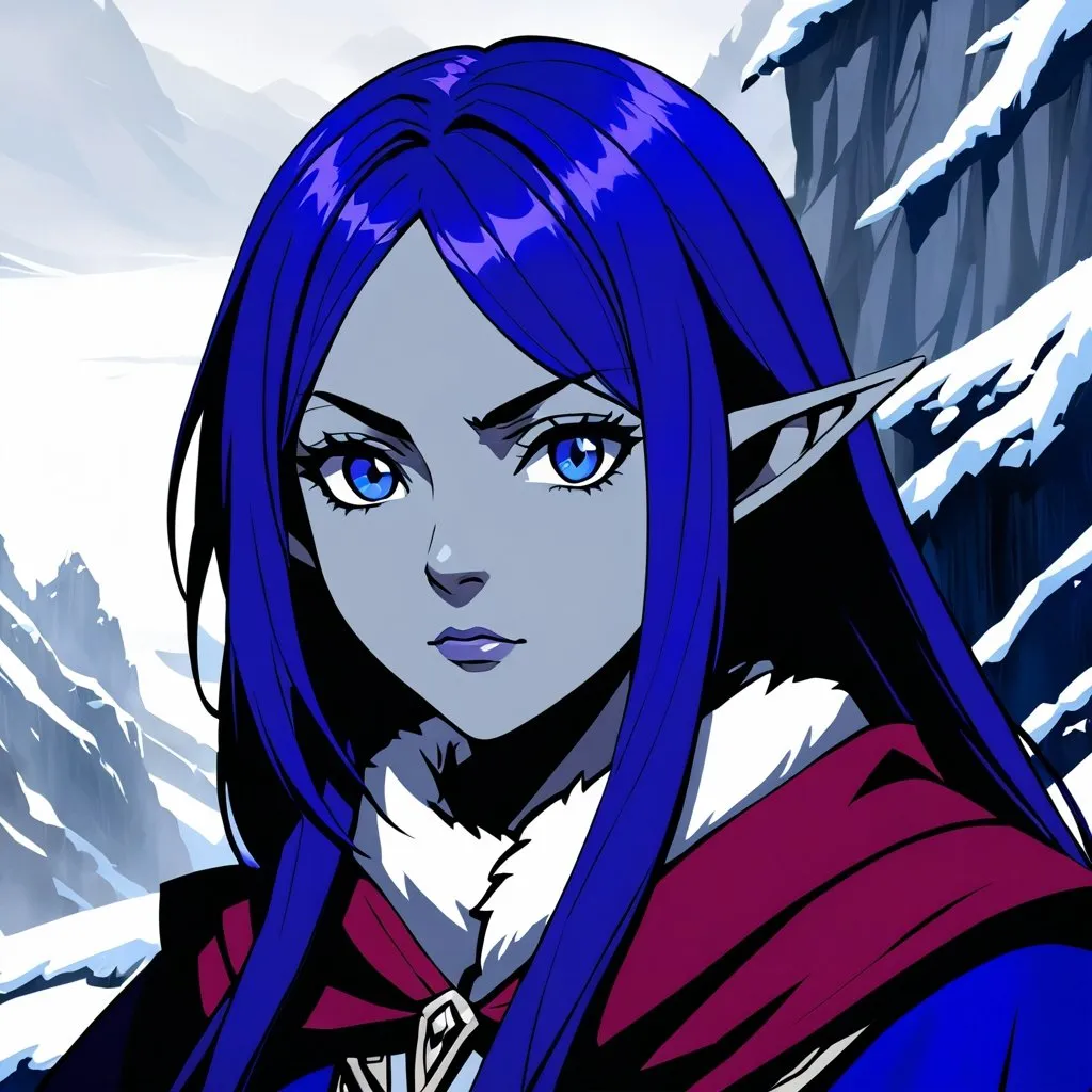 Prompt: A closeup animated portrait of gray skin young winter eladrin girl face with gray skin, ((gray skin)), navy blue eyes, indigo purple hair, elf ears, skin color gray, anthropomorphic, fantasy style, simple blue and white warlock robe, scowling expression, intricate detail, high quality, concept art, winter background, concept art, fined detail, inspired by D&D, anime, Vivid color, portrait of face