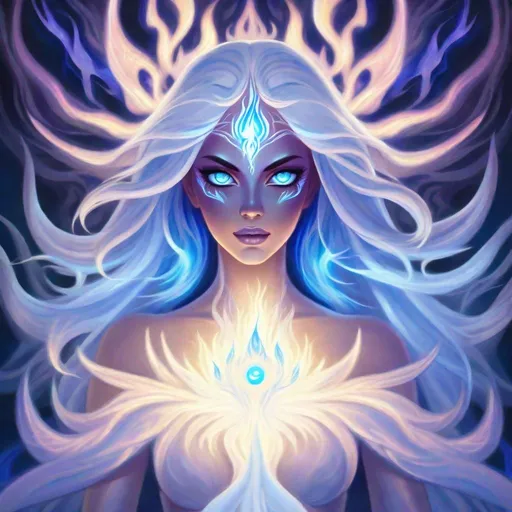 Prompt: An animated portrait of a feminine flame spirit, ((body made from (white and blue flames))),  glowing opal eyes, ((third eye on forehead)), beyond human, detailed face, fantasy, pure void background