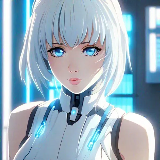 Prompt: Masterpiece, best quality, follows prompt exactly. Anime artstyle. A portrait of a robot girl made to look exactly like a human with synthetic skin. She has white hair with bangs on either side, and pale blue eyes. She has a blank expression on her lips. She wears a white sleeveless suit dress with blue light strips. She has an uncanny stare. She's quite bland.