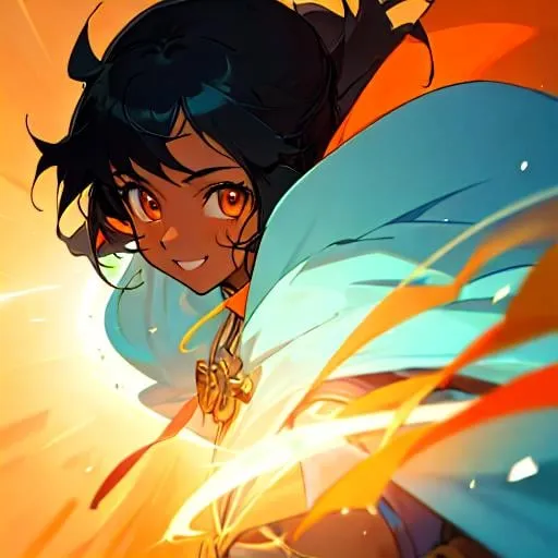 Prompt: Masterpiece, best quality, follows prompt exactly. Anime artstyle. Portrait of a girl with brown skin, light blue cloak, big winning smile, black hair, orange eyes, action shot.