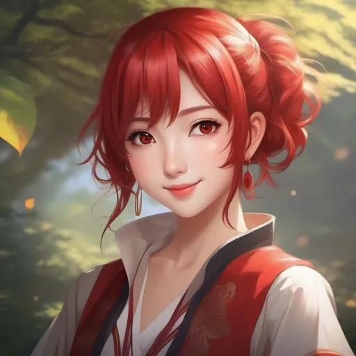 Prompt: Masterpiece, best quality, follows prompt exactly. Anime artstyle. A portrait of a girl, red eyes, short crimson red hair, asian skin, fair smile, red adventuring outfit.