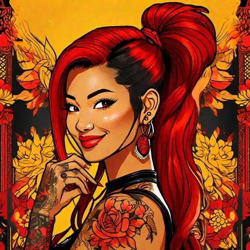 Prompt: Masterpiece, best quality, follows prompt exactly. Line art artstyle. A portrait of a rockstar lady with a long crimson red ponytail with black highlights. She has an asian skin complexion, and red eyes. She has a big grin on her face. Yellow skin. Tattoos, fire theming.