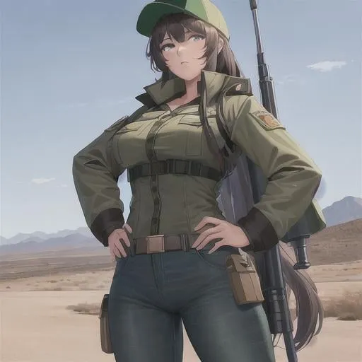 Prompt: Best quality, masterpiece, follows prompt exactly. A mercenary girl with long brunette hair. She has green eyes. She has a very light tan. She wears a drab green military coat, desert-storm tan boots, full length jeans, a loose t-shirt, and a boonie hat. Average proportions.