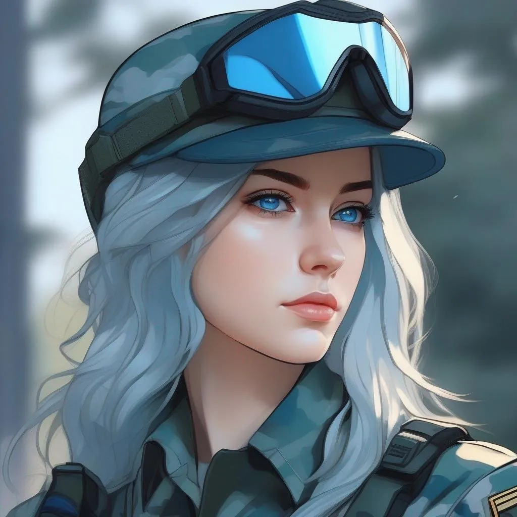 Prompt: Masterpiece, best quality, follows prompt exactly. Anime artstyle. Portrait of a military woman, pale skin, light blue eyes, long blue hair, recon gear, blue camo, scowl