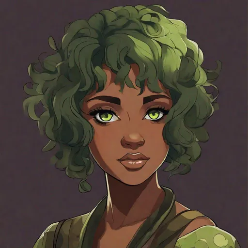 Prompt: Anime artstyle. Portrait of a middle aged coffee dryad lady, very dark brown spotty skin, bags under eyes, round head short green hair, green eyes frown, tired looking, leather gear. Frown, dryad, inhuman, brown skin, dark skin, black skin, tired looking, depressed looking
