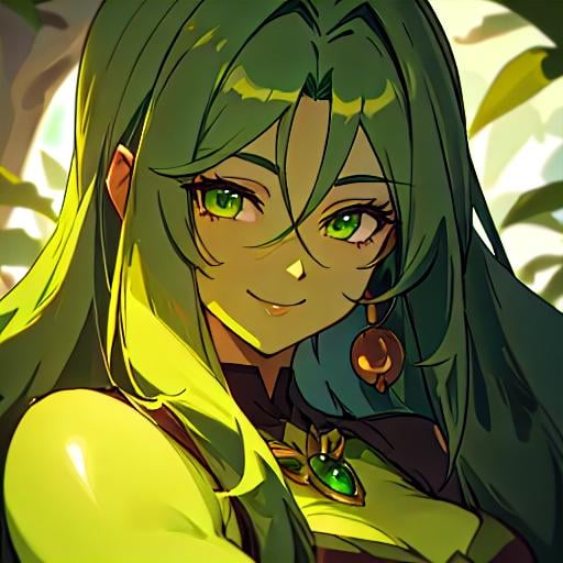 Prompt: Masterpiece, best quality, follows prompt exactly. Anime artstyle. Portrait of a light green female dryad blacksmith, green skin, long dark green hair, beady green eyes, hearty smile, very muscular, green, burly, plant