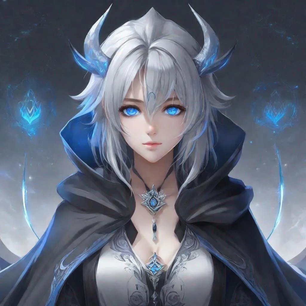 Prompt: Masterpiece, best quality, follows prompt exactly, anime, fantasy, a grey demon girl, grey body, dark grey and black prophet's robes, white hair, blue eye sigil, grey horns, bright blue eyes, subhuman, ethereal lighting, simple background, detailed eyes