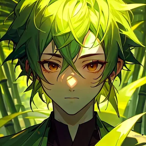 Prompt: Masterpiece, best quality, follows prompt exactly. Portrait of a dryad boy with affinity for bamboo, green skin, unnatural skin colour, green hair, brown eyes, inhuman